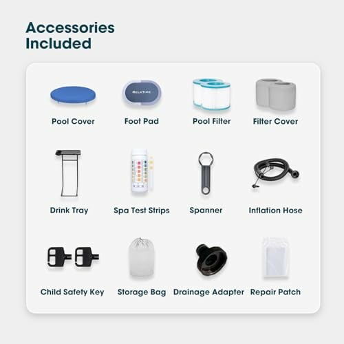 Image showing included pool accessories: cover, foot pad, filter cover, drink tray, test strips, spanner, inflation hose, safety key, storage bag, drainage adapter, repair patch.