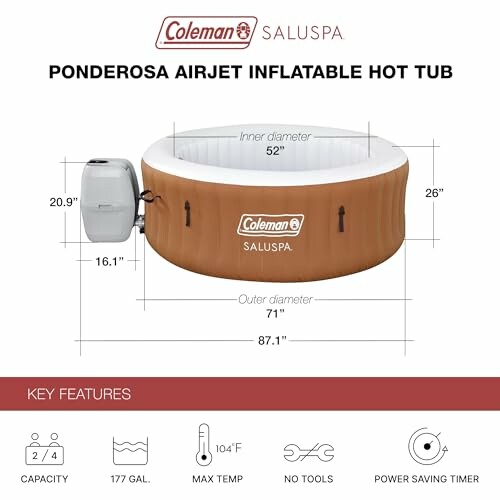 Coleman SaluSpa Ponderosa AirJet inflatable hot tub with dimensions and features.