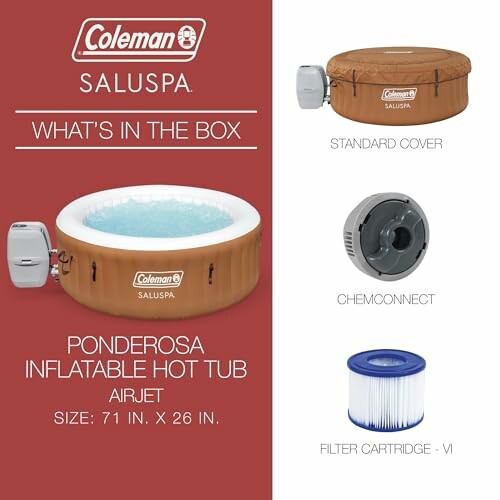 Coleman Saluspa inflatable hot tub with accessories including standard cover, ChemConnect, and filter cartridge.