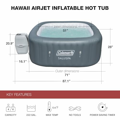 Hawaii AirJet inflatable hot tub with dimensions and key features.