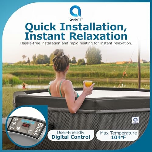 Woman enjoying drink in a hot tub with quick installation feature.