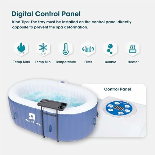 Digital control panel for inflatable hot tub with temperature and filter options