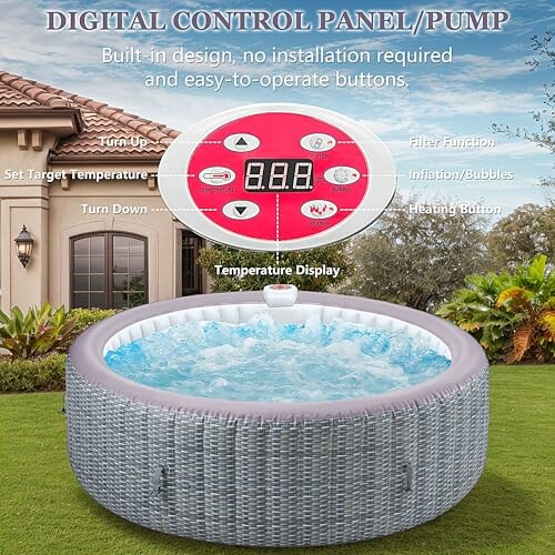 Inflatable hot tub with digital control panel and pump.