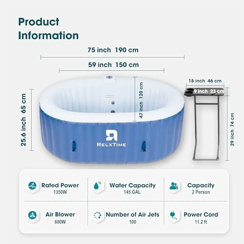 Dimensions and specifications of an inflatable hot tub from RELXTIME, showing size, capacity, and features