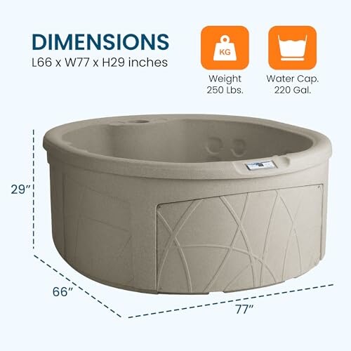 Round hot tub with dimensions and weight details.