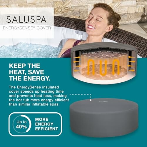 Woman relaxing in hot tub with SaluSpa EnergySense cover promoting energy efficiency.