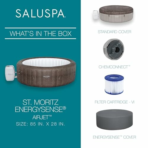 SaluSpa St. Moritz hot tub contents: standard cover, chemconnect, filter cartridge, energysense cover.