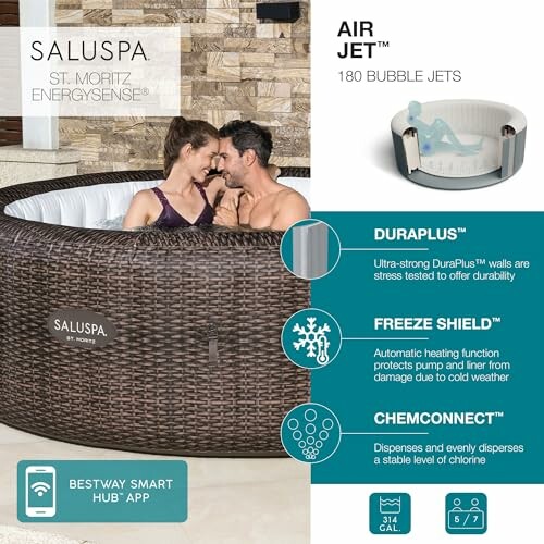 Couple in SaluSpa St. Moritz hot tub with features listed.